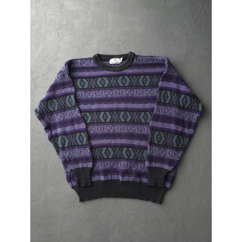 Vintage 80s Cricketeer Purple Black Cotton Knit Crewneck Sweater Striped L
